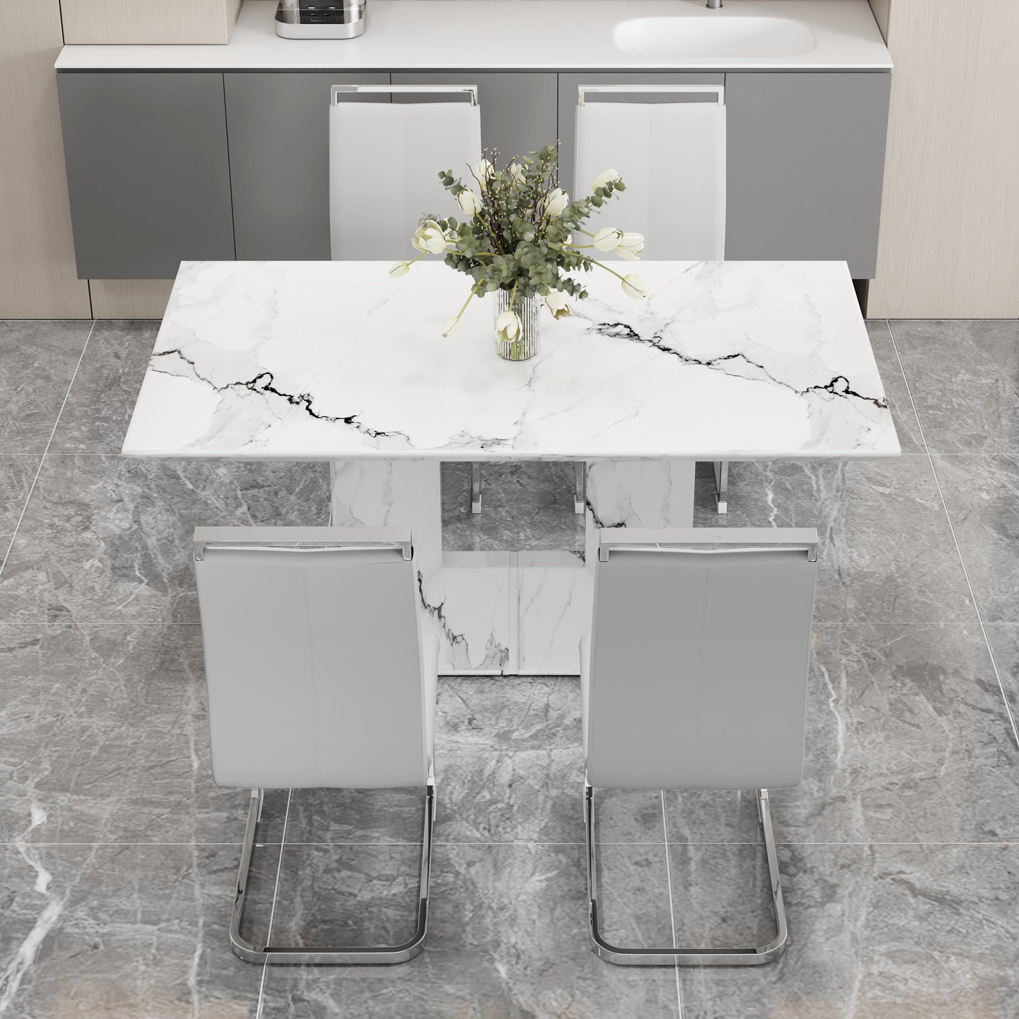 A Simple Dining Table. A Dining Table With A White Marble Pattern. 4 Pu Synthetic Leather High Backrest Cushioned Side Chairs With C Shaped Silver Metal Legs. Dt Sq 16090 Whc 1162 White Mdf