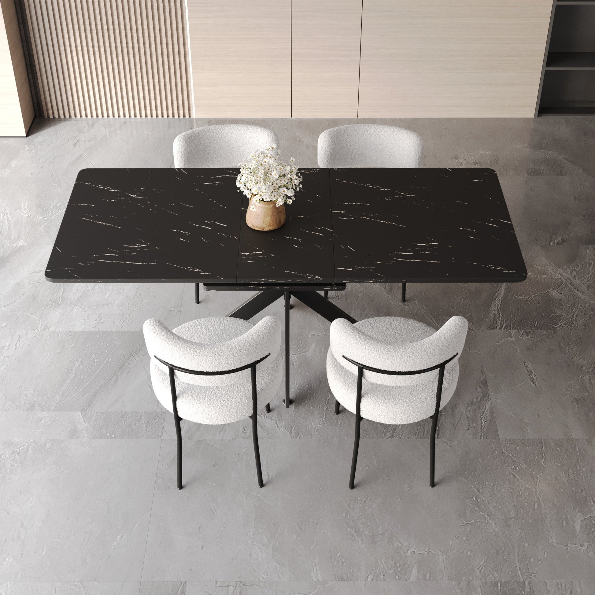 Scalable Dining Table Table Set For 4 8 Person For Dining Room,Curved Backrest Round Upholstered Soft Padded Armless Dining Chairs And Very Large Dining Room Table Kitchen Table Chair Set Black White Mdf Metal