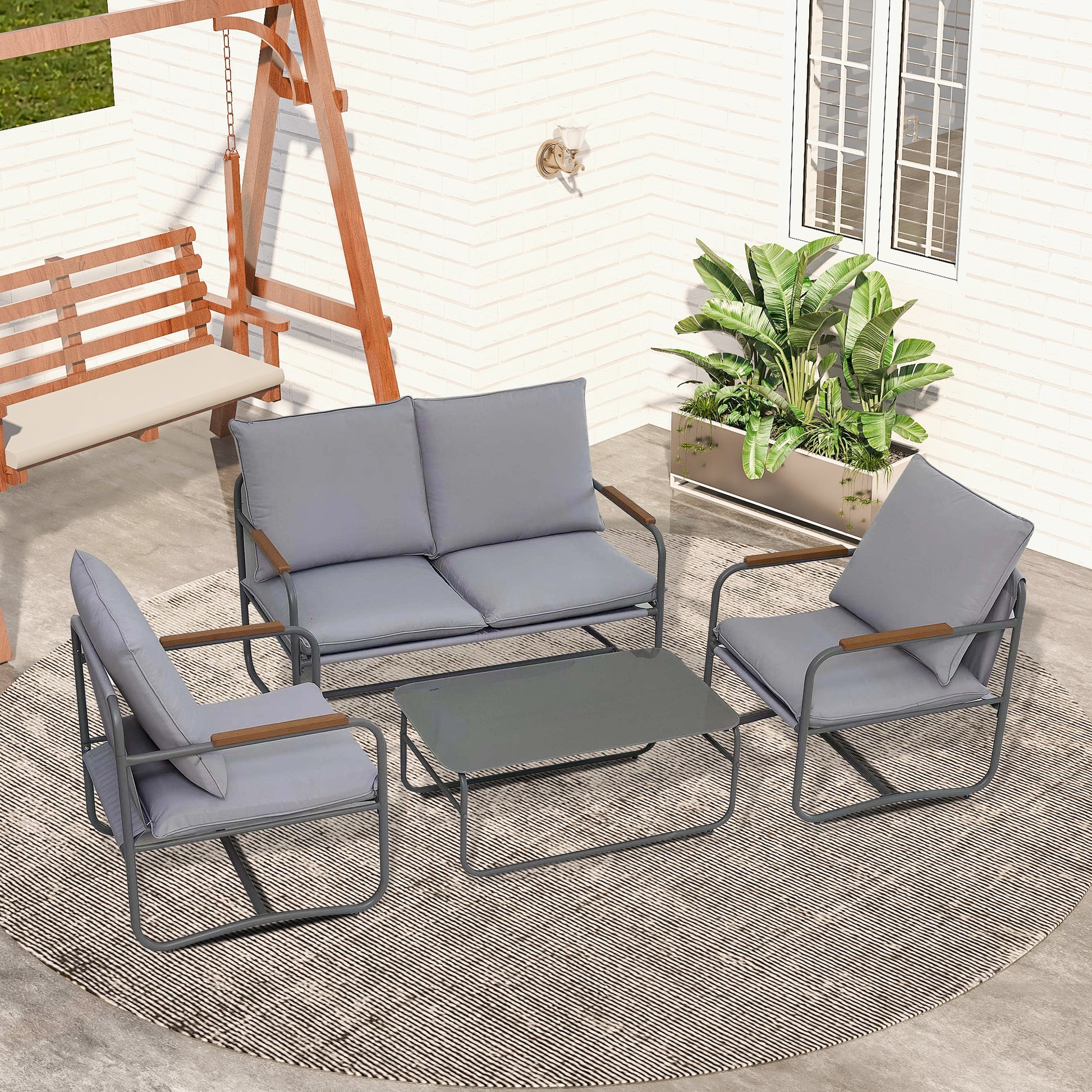 4 Piece Outdoor Patio Furniture Sets, Patio Conversation Set With Removable Seating Cushion, Courtyard Patio Set For Home, Yard, Poolside Gray Aluminum