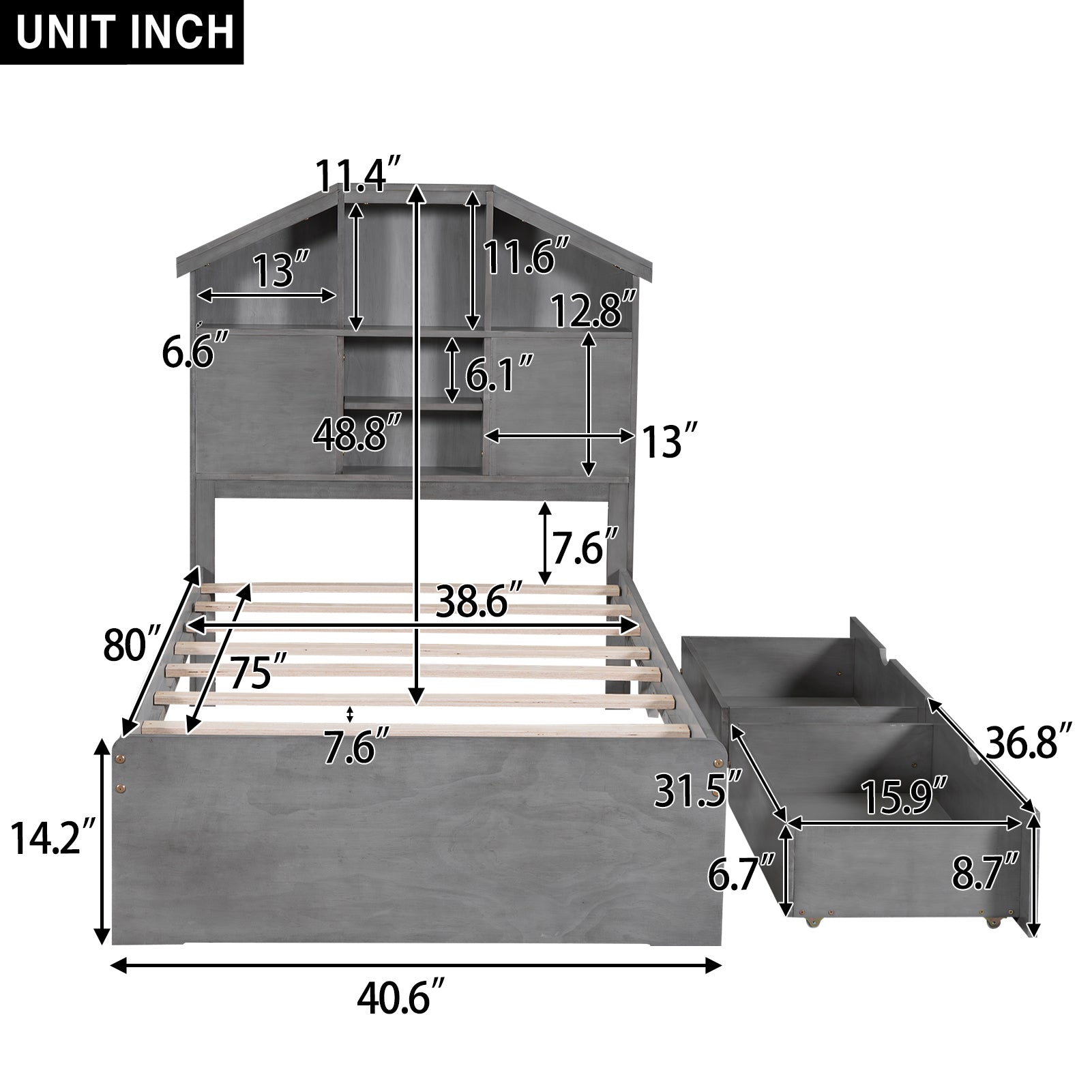 Twin Size Wood Platform Bed With House Shaped Storage Headboard And 2 Drawers, Gray Box Spring Not Required Twin Gray Wood Bedroom Solid Wood Mdf