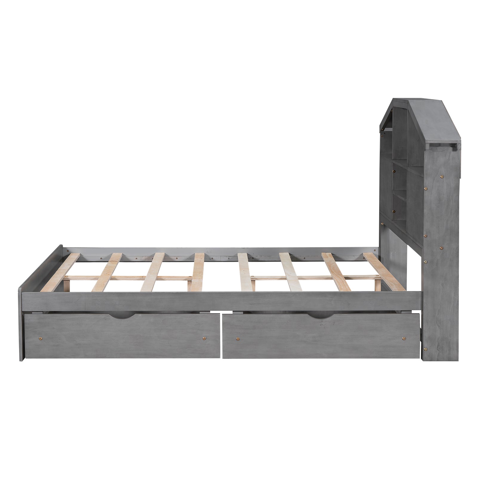 Full Size Wood Platform Bed With House Shaped Storage Headboard And 2 Drawers, Gray Box Spring Not Required Full Gray Wood Bedroom Solid Wood Mdf