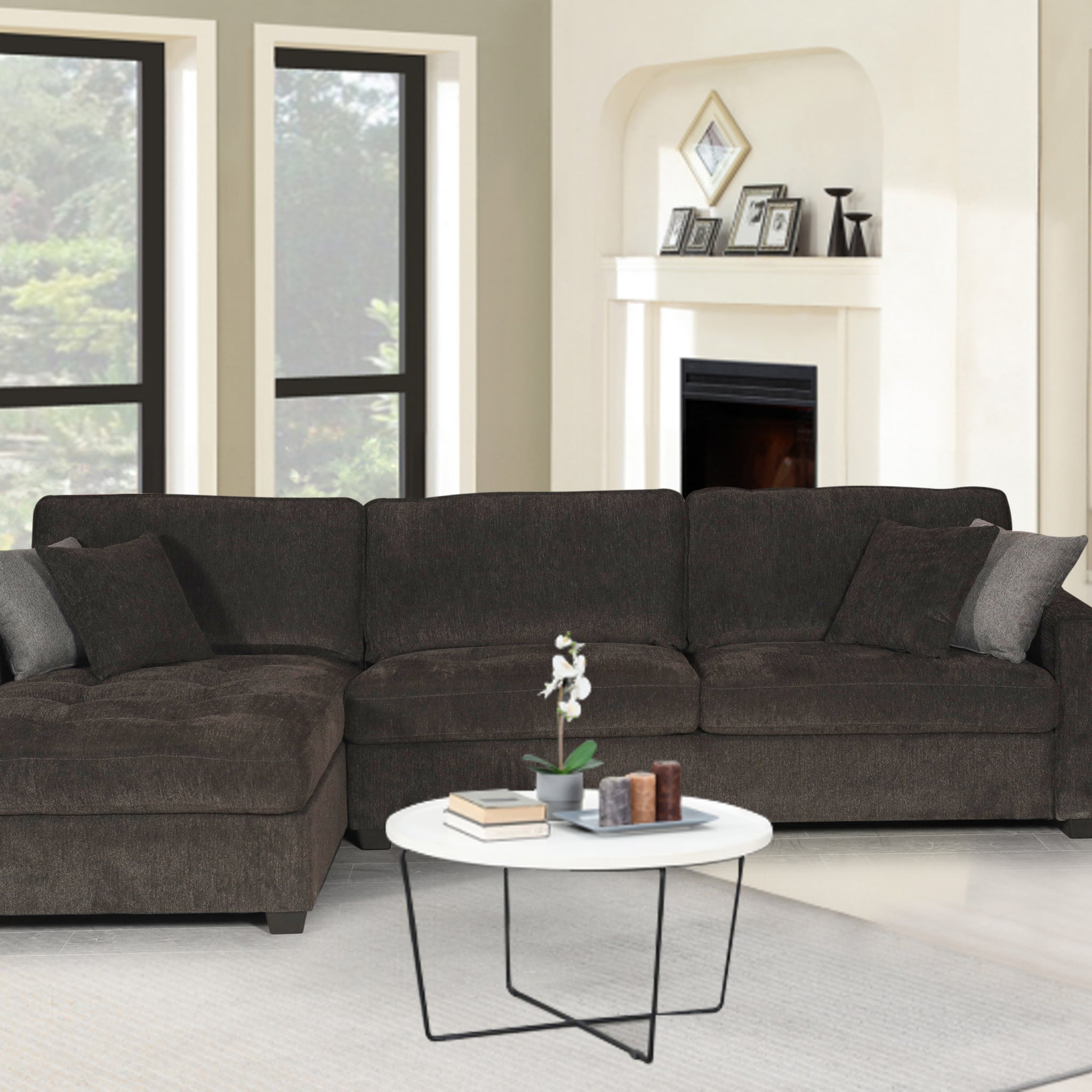 Polaris Black Fabric 125" Wide Reversible Sectional Sofa Black Chenille