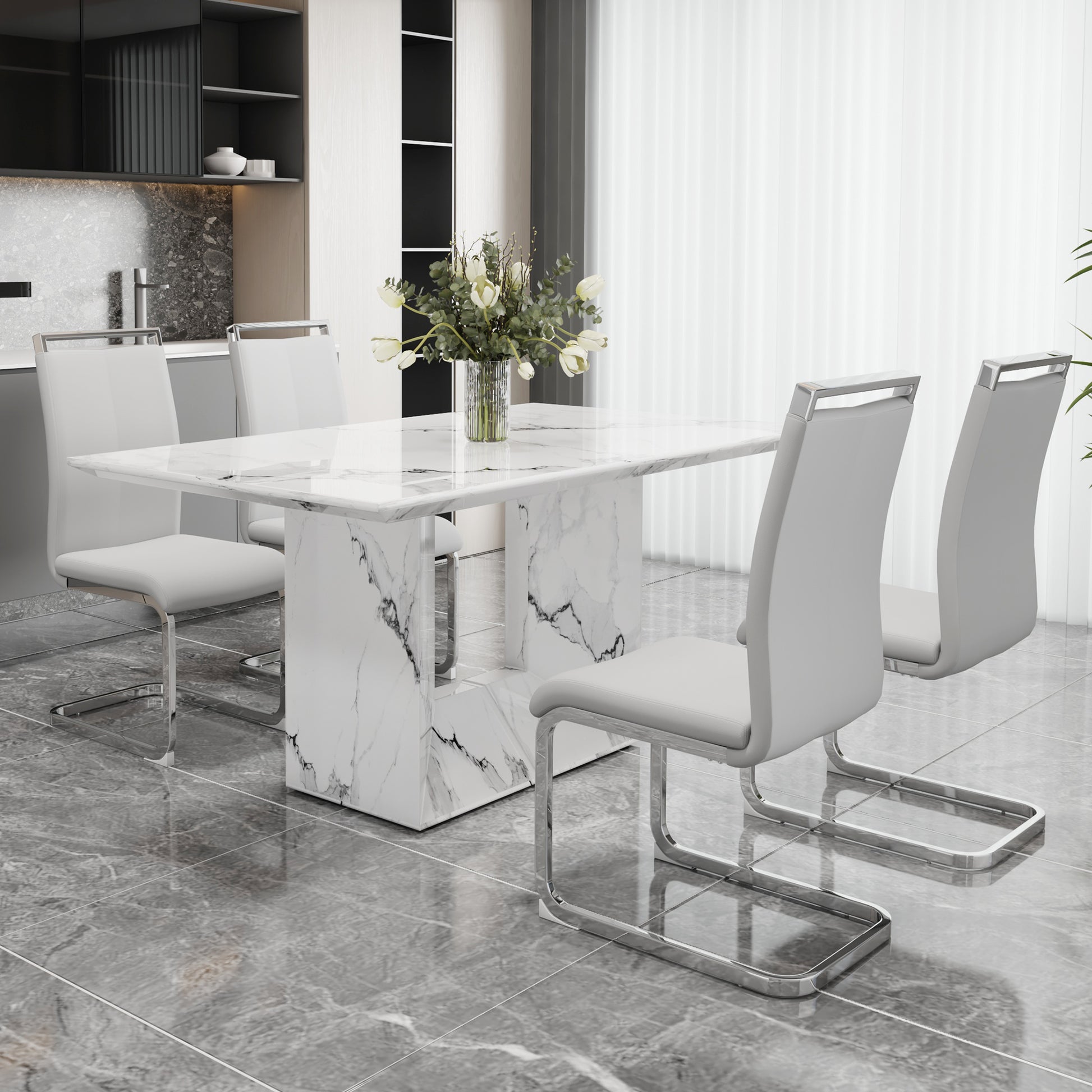 A Simple Dining Table. A Dining Table With A White Marble Pattern. 4 Pu Synthetic Leather High Backrest Cushioned Side Chairs With C Shaped Silver Metal Legs. Dt Sq 16090 Whc 1162 White Mdf