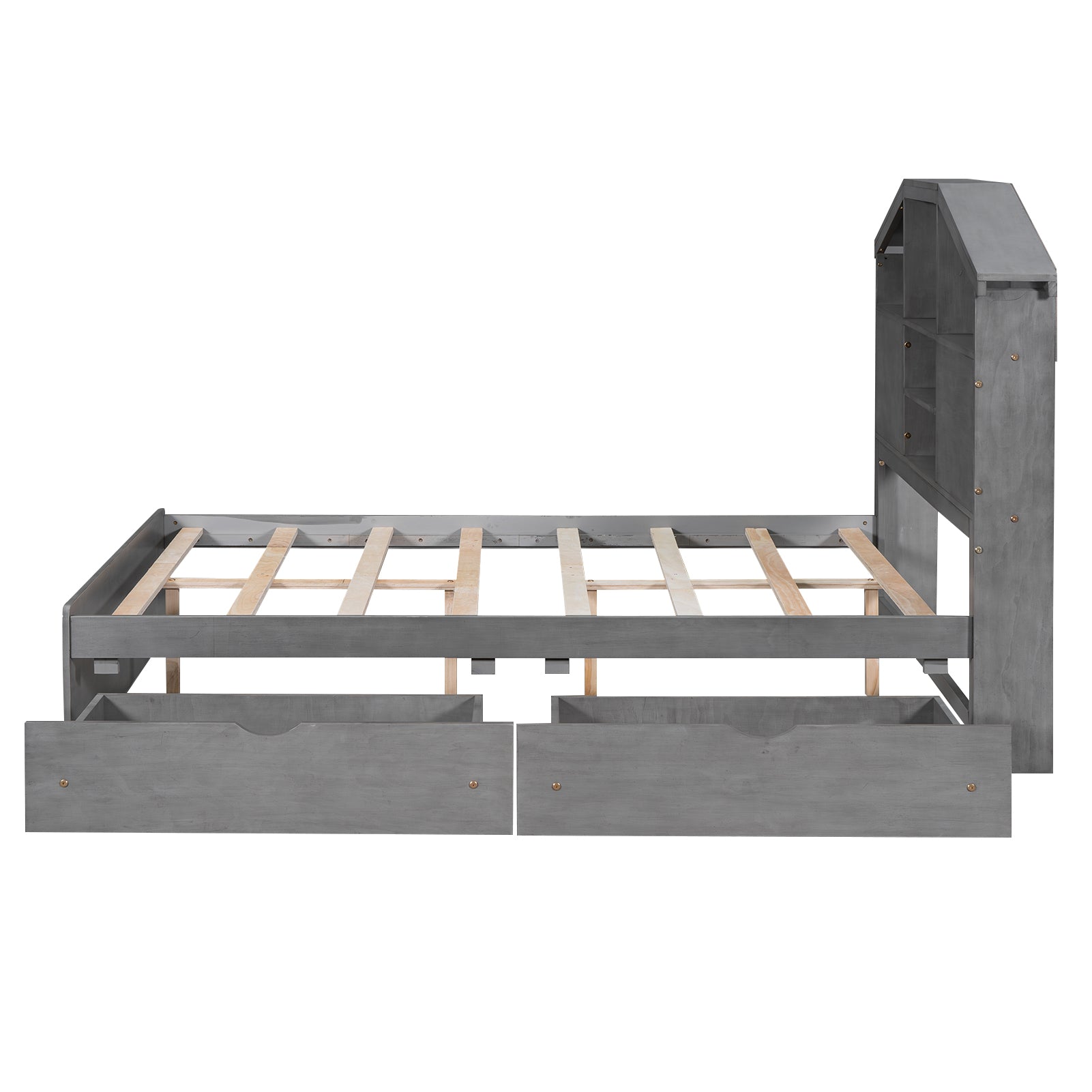 Full Size Wood Platform Bed With House Shaped Storage Headboard And 2 Drawers, Gray Box Spring Not Required Full Gray Wood Bedroom Solid Wood Mdf