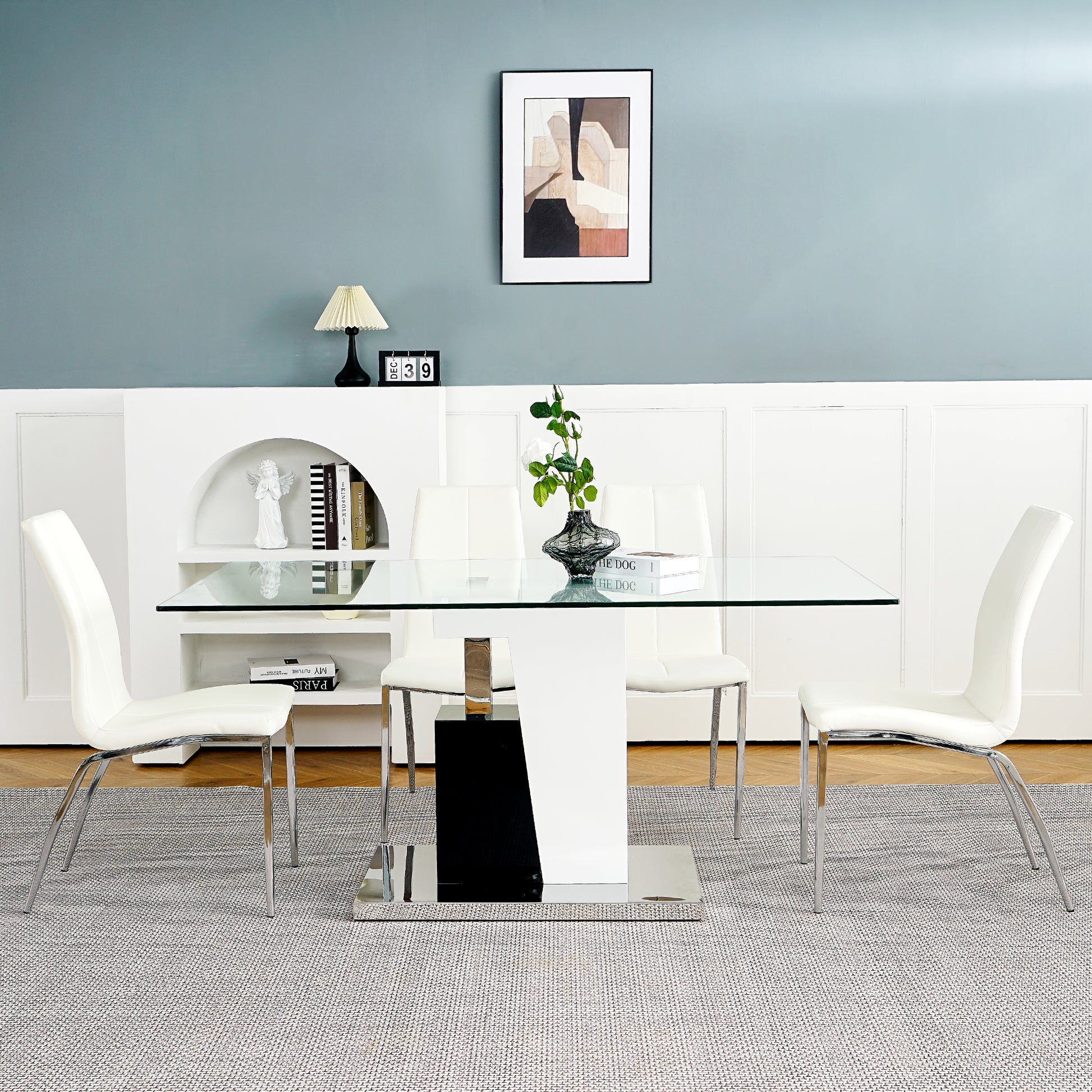 Modern Style Glass Table, Pu Fabric Chair Electroplated Chair Legs, Solid Support Base, Furniture Made Of Selected Materials To Highlight Fashion, Suitable For Living Room Use Set Of 5 White Mdf Metal