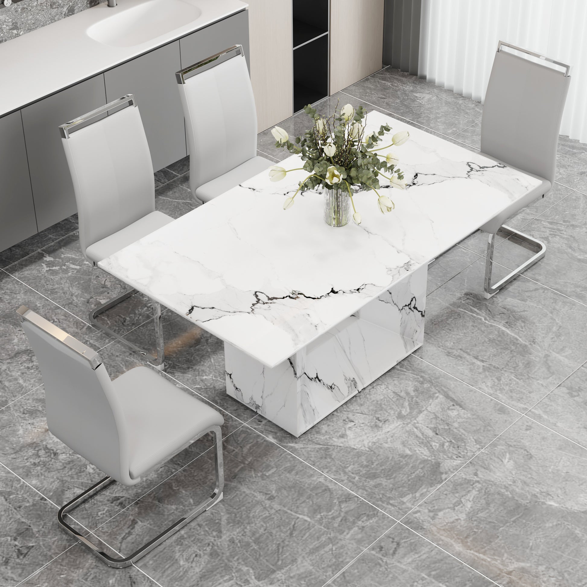 A Simple Dining Table. A Dining Table With A White Marble Pattern. 4 Pu Synthetic Leather High Backrest Cushioned Side Chairs With C Shaped Silver Metal Legs. Dt Sq 16090 Whc 1162 White Mdf