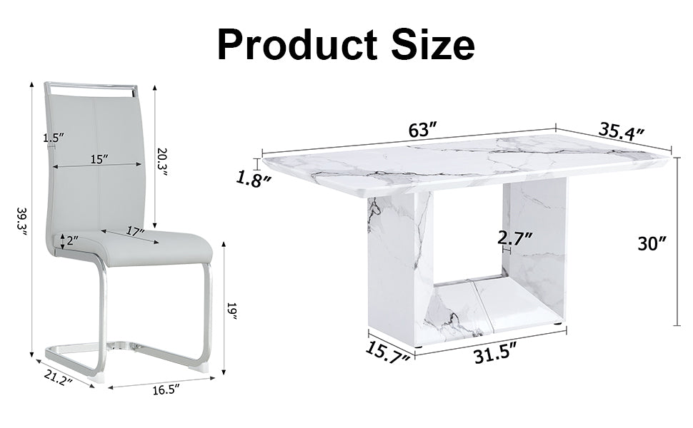 A Simple Dining Table. A Dining Table With A White Marble Pattern. 6 Pu Synthetic Leather High Backrest Cushioned Side Chairs With C Shaped Silver Metal Legs. Dt Sq 16090 Whc 1162 White Mdf