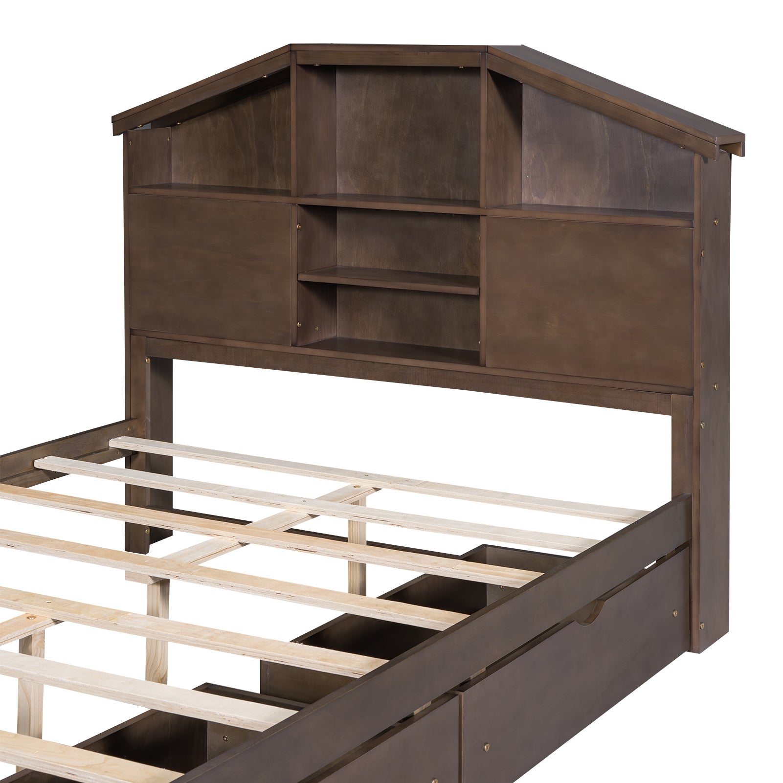 Full Size Wood Platform Bed With House Shaped Storage Headboard And 2 Drawers, Walnut Box Spring Not Required Full Walnut Wood Bedroom Solid Wood Mdf