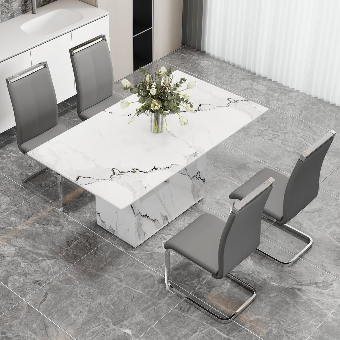 A Simple Dining Table. A Dining Table With A White Marble Pattern. 4 Pu Synthetic Leather High Backrest Cushioned Side Chairs With C Shaped Silver Metal Legs. Dt Sq 16090 Whc 1162 White Mdf