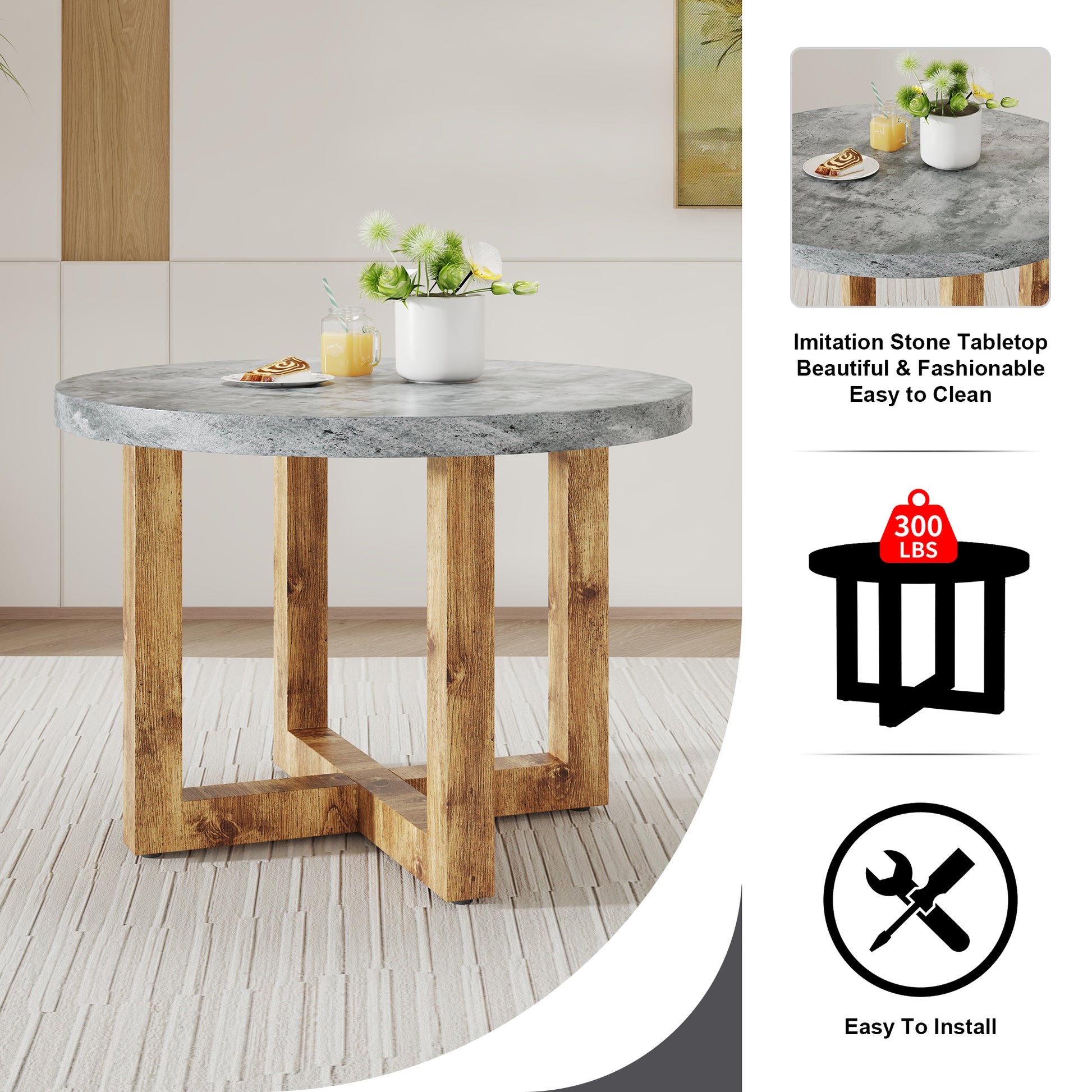 A Modern And Practical Circular Dining Table. Made Of Mdf Tabletop And Wooden Mdf Table Legs. Suitable For Living Room And Bedroom. 42 Inches * 42 Inches * 30 Inches Natural Wood Mdf