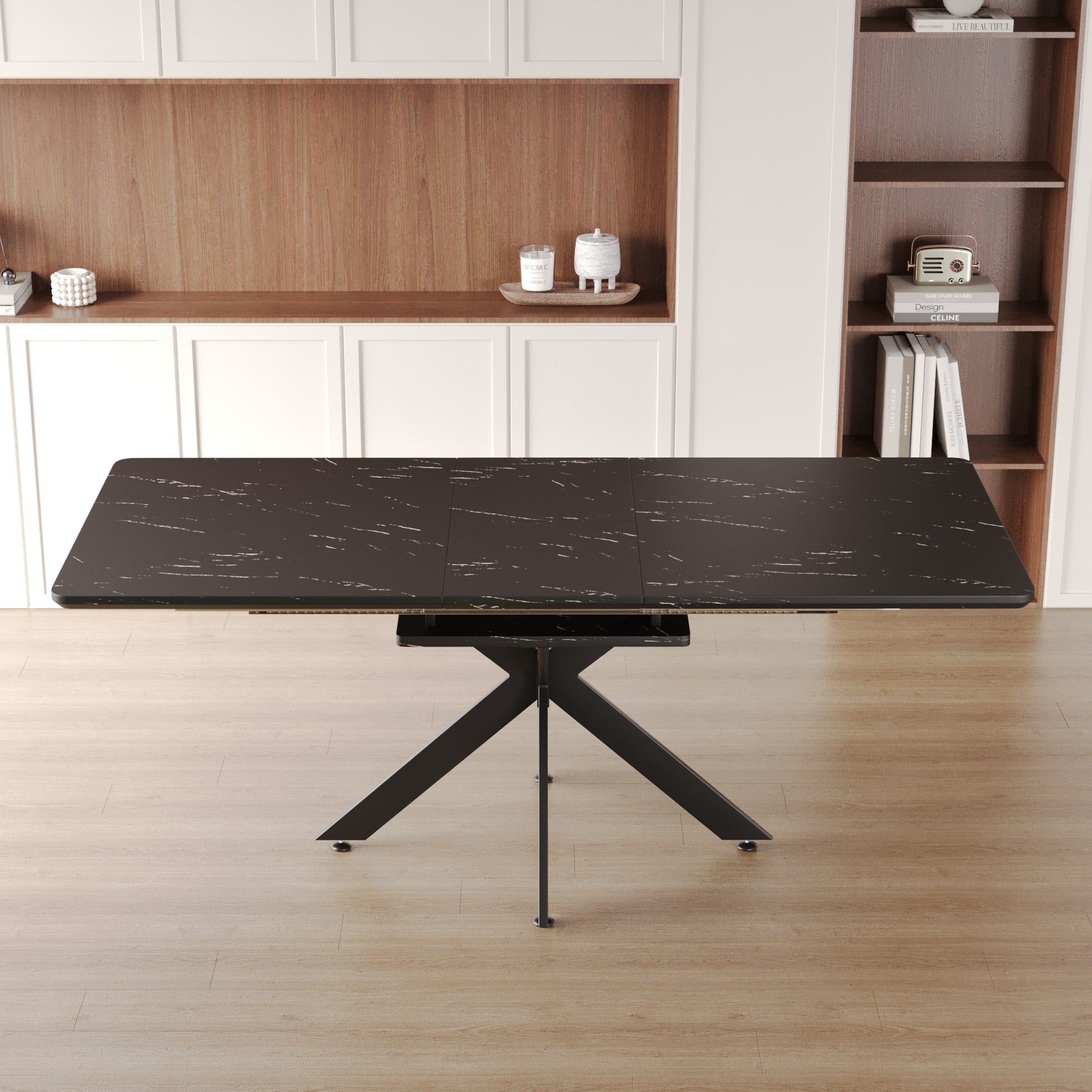 Scalable Dining Table Table Set For 6 8 Person For Dining Room,Curved Backrest Round Upholstered Soft Padded Armless Dining Chairs And Very Large Dining Room Table Kitchen Table Chair Set Black White Mdf Metal