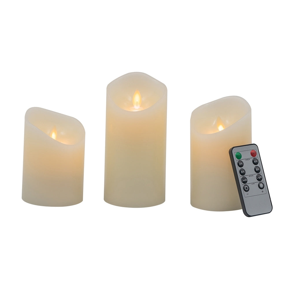 Set Of 3 Flickering Ivory Led Candles With Remote Timer, L:D3X6" M:D3X5" S:D3X4" Ivory Classic Plastic