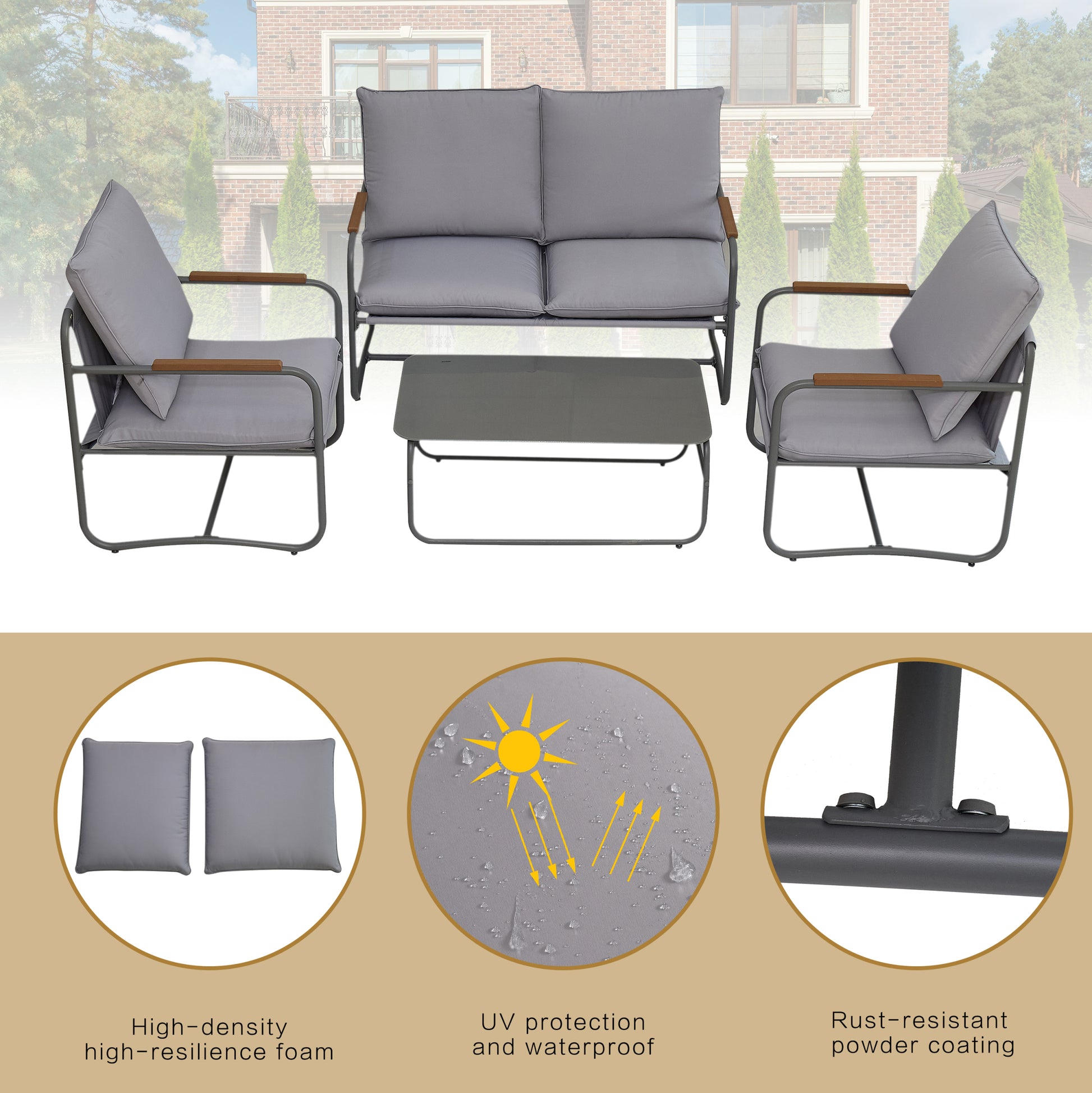 4 Piece Outdoor Patio Furniture Sets, Patio Conversation Set With Removable Seating Cushion, Courtyard Patio Set For Home, Yard, Poolside Gray Aluminum