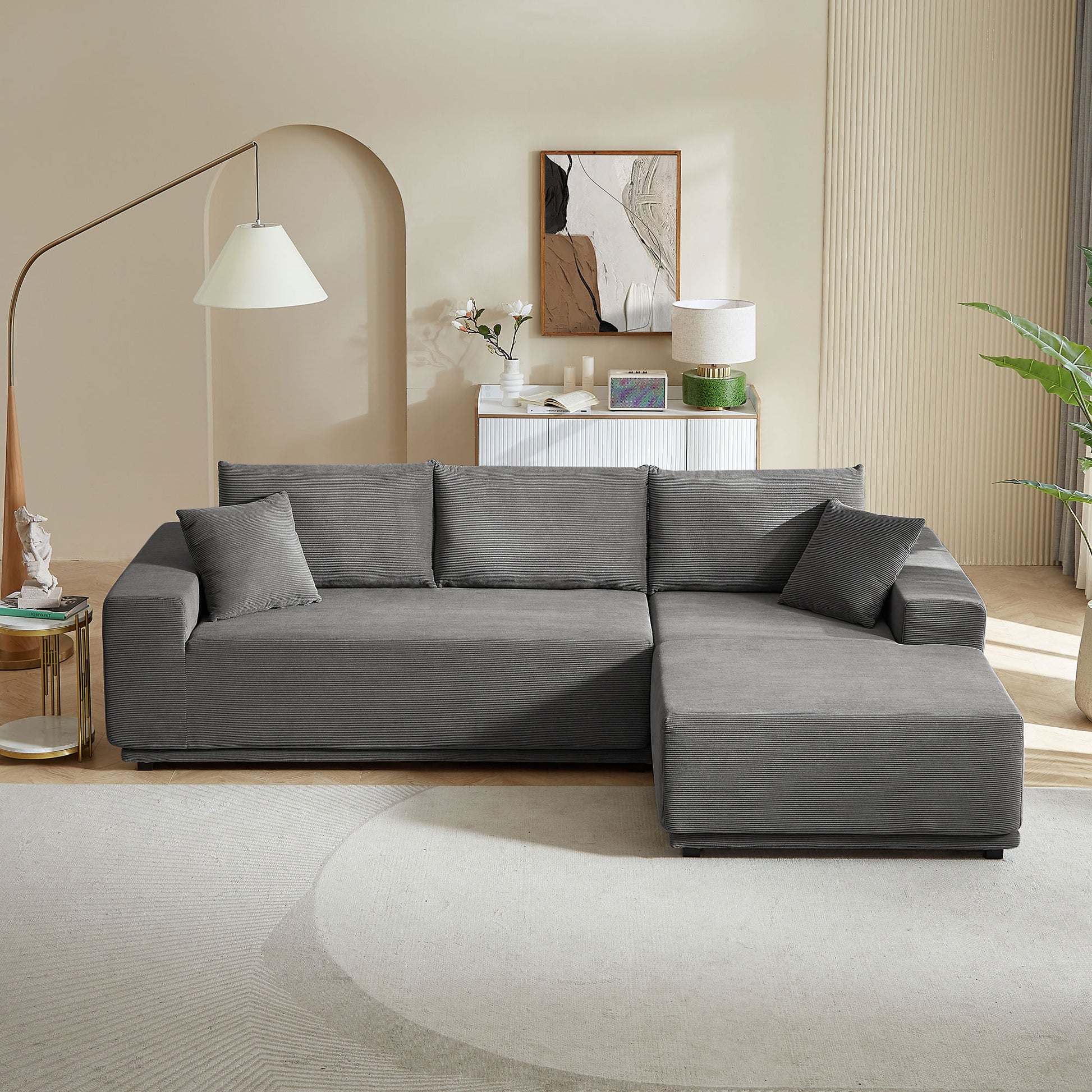 L Shape Sectional Sofa Corduroy Couches Modular Sectional Living Room Sofa Set Upholstered Sleeper Sofa For Living Room, Bedroom, Salon, Including Bottom Frame .Grey Gray Corduroy 3 Seat