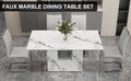 A Simple Dining Table. A Dining Table With A White Marble Pattern. 4 Pu Synthetic Leather High Backrest Cushioned Side Chairs With C Shaped Silver Metal Legs. Dt Sq 16090 Whc 1162 White Mdf