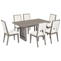 Wood Dining Table Set For 6, Farmhouse Rectangular Dining Table And 6 Upholstered Chairs Ideal For Dining Room, Kitchen Grey Beige Upholstered Chair Wood Grey Seats 6 Wood Dining Room Antique,Classic,Farmhouse Trestle Rectangular Dining Table With Chair