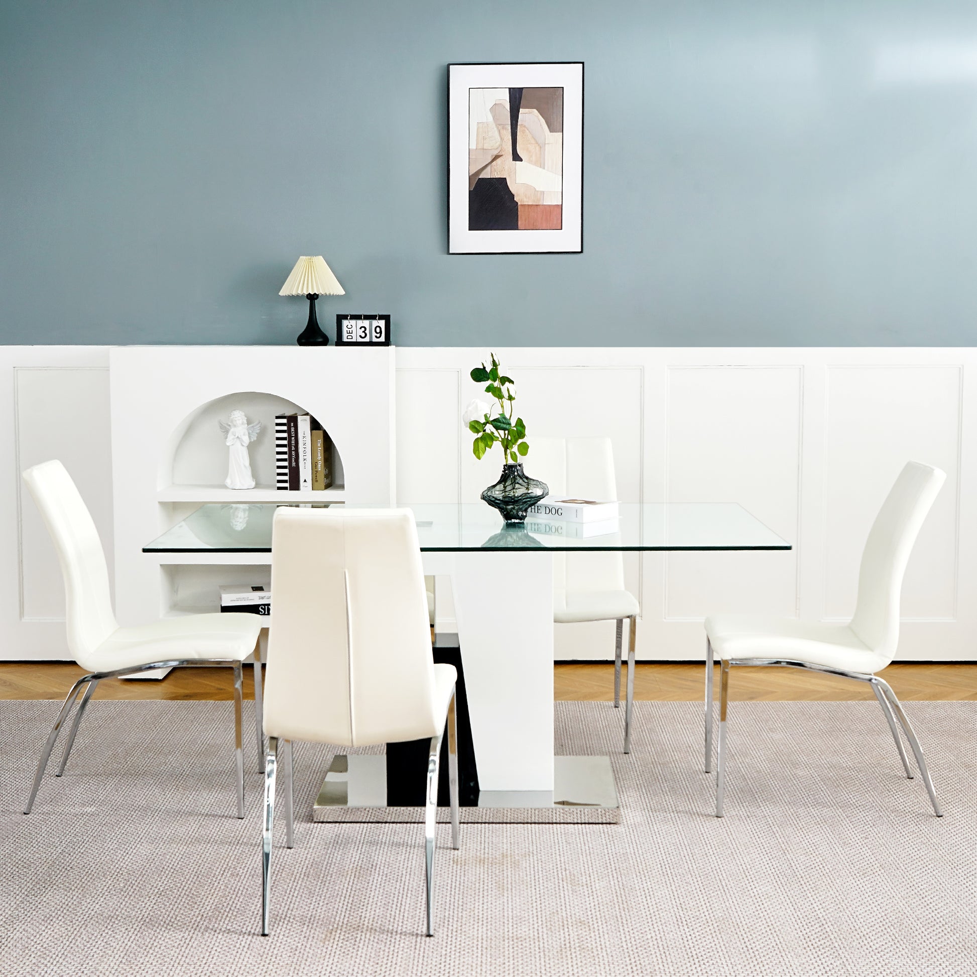 Modern Style Glass Table, Pu Fabric Chair Electroplated Chair Legs, Solid Support Base, Furniture Made Of Selected Materials To Highlight Fashion, Suitable For Living Room Use Set Of 5 White Mdf Metal