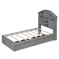 Twin Size Wood Platform Bed With House Shaped Storage Headboard And 2 Drawers, Gray Box Spring Not Required Twin Gray Wood Bedroom Solid Wood Mdf