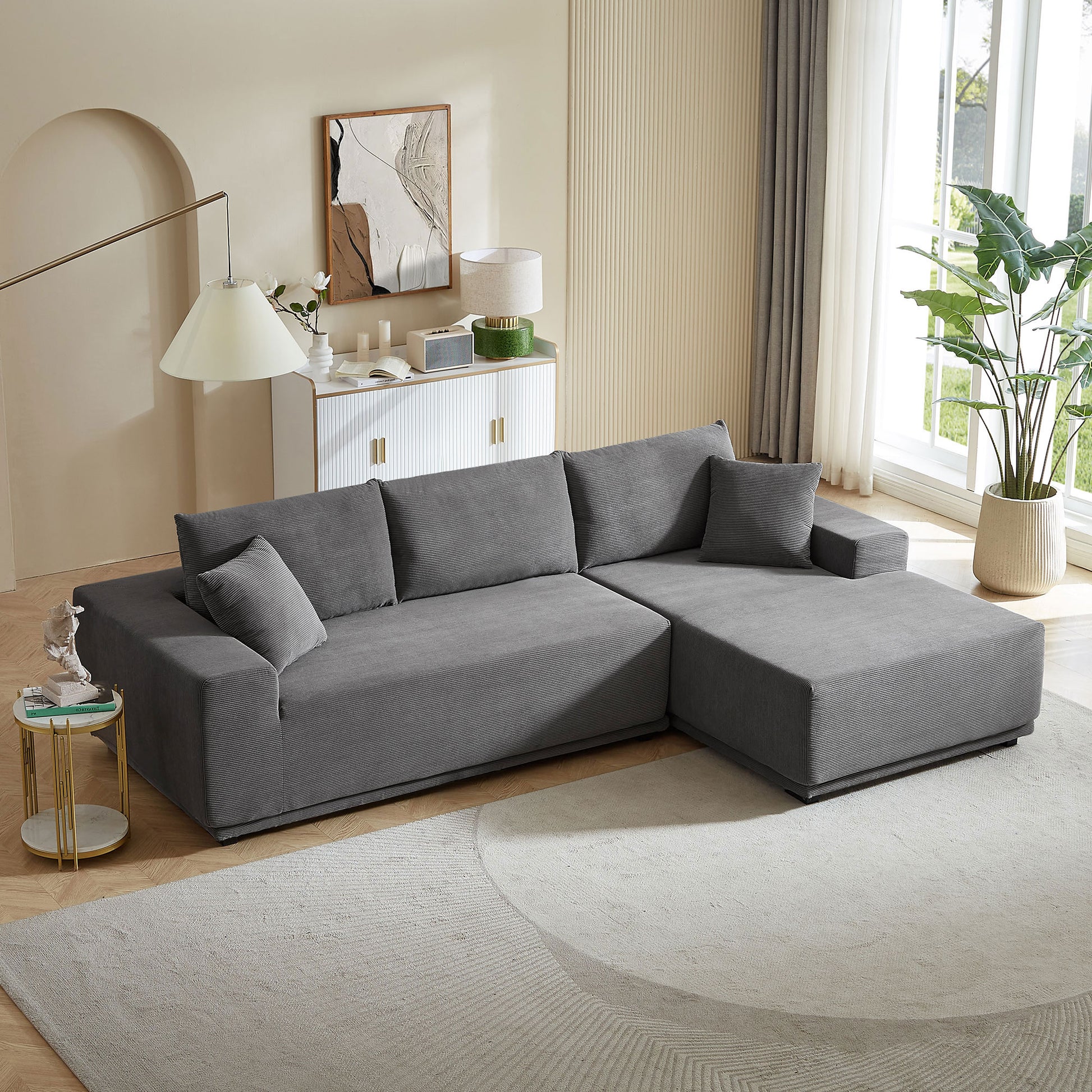 L Shape Sectional Sofa Corduroy Couches Modular Sectional Living Room Sofa Set Upholstered Sleeper Sofa For Living Room, Bedroom, Salon, Including Bottom Frame .Grey Gray Corduroy 3 Seat