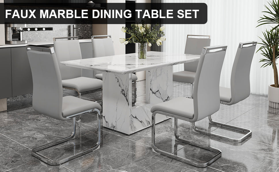 A Simple Dining Table. A Dining Table With A White Marble Pattern. 4 Pu Synthetic Leather High Backrest Cushioned Side Chairs With C Shaped Silver Metal Legs. Dt Sq 16090 Whc 1162 White Mdf