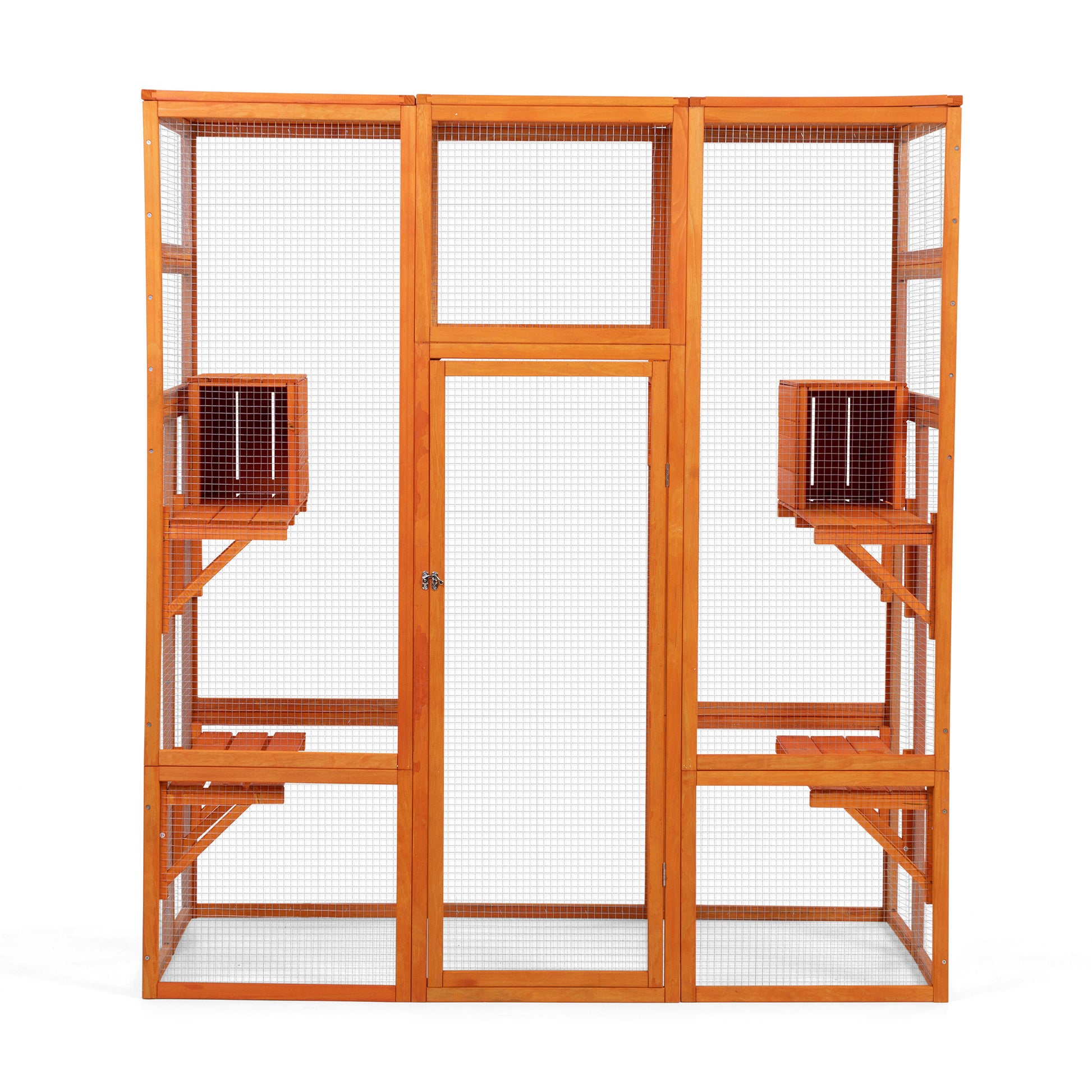 Large Cat Enclosure With 5 Perches, 2 Condos And 1 Lockable Door, Orange Orange Metal & Wood