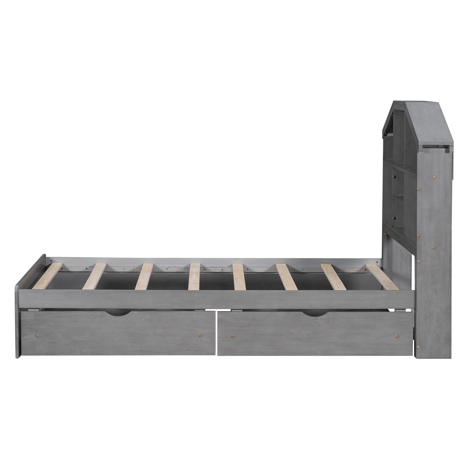 Twin Size Wood Platform Bed With House Shaped Storage Headboard And 2 Drawers, Gray Box Spring Not Required Twin Gray Wood Bedroom Solid Wood Mdf