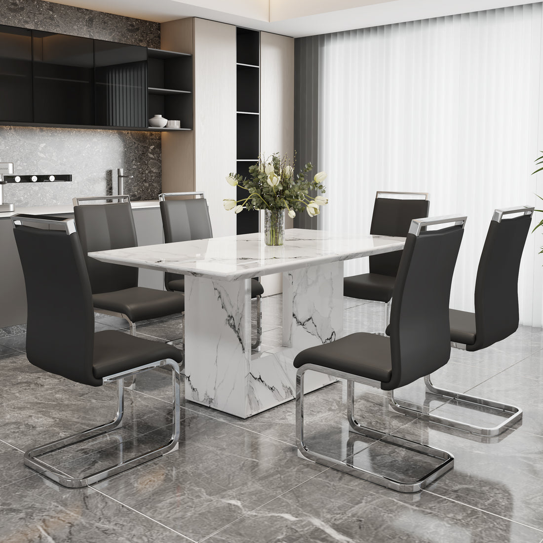 A Simple Dining Table. A Dining Table With A White Marble Pattern. 6 Pu Synthetic Leather High Backrest Cushioned Side Chairs With C Shaped Silver Metal Legs. Dt Sq 16090 Whc 1162 White Mdf