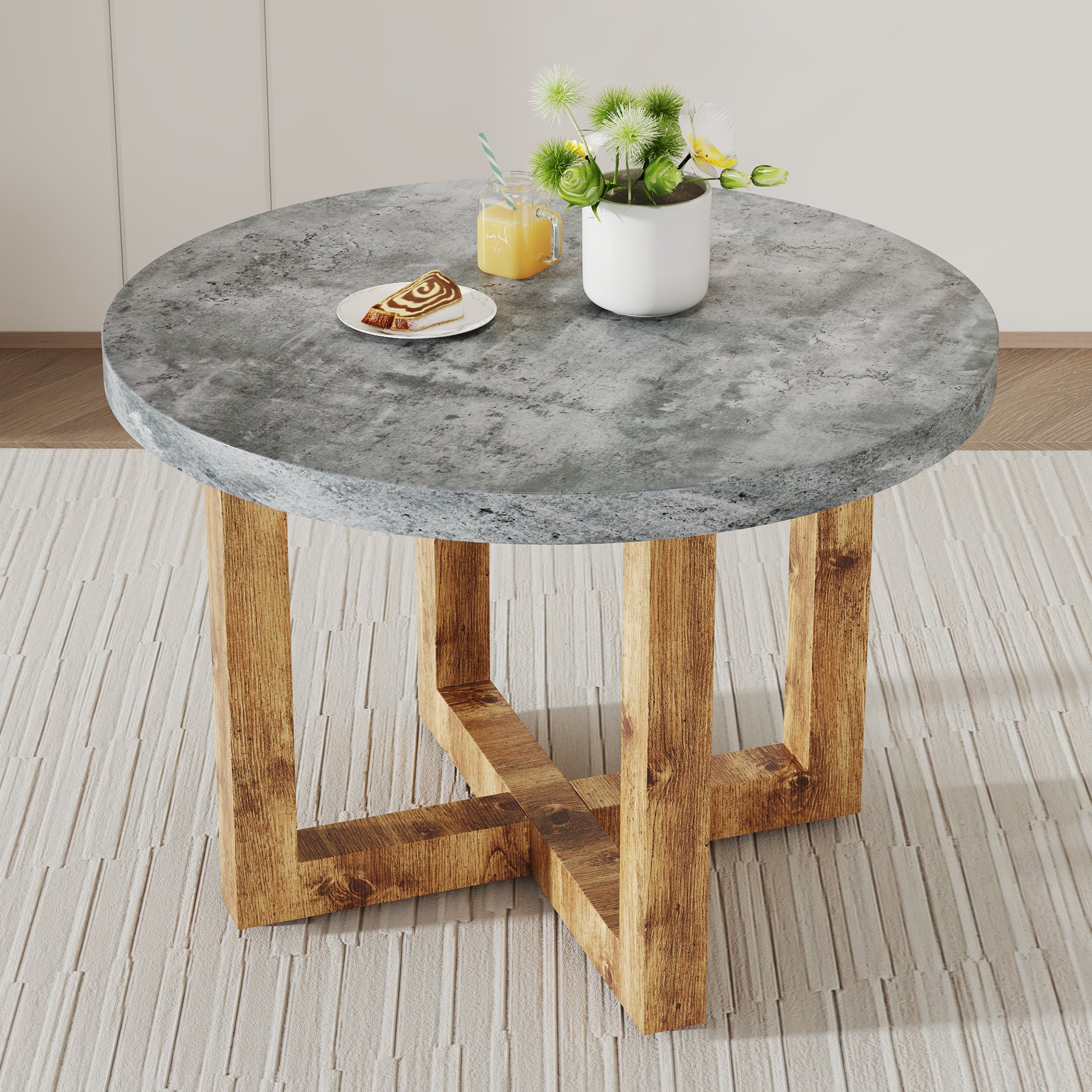 A Modern And Practical Circular Dining Table. Made Of Mdf Tabletop And Wooden Mdf Table Legs. Suitable For Living Room And Bedroom. 42 Inches * 42 Inches * 30 Inches Natural Wood Mdf