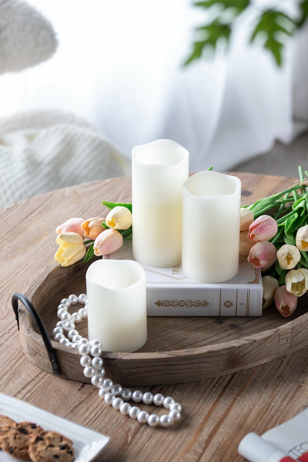 Set Of 3 Ivory Led Candles With Remote Timer, L:D3X6" M:D3X5" S:D3X4" Ivory Classic Plastic
