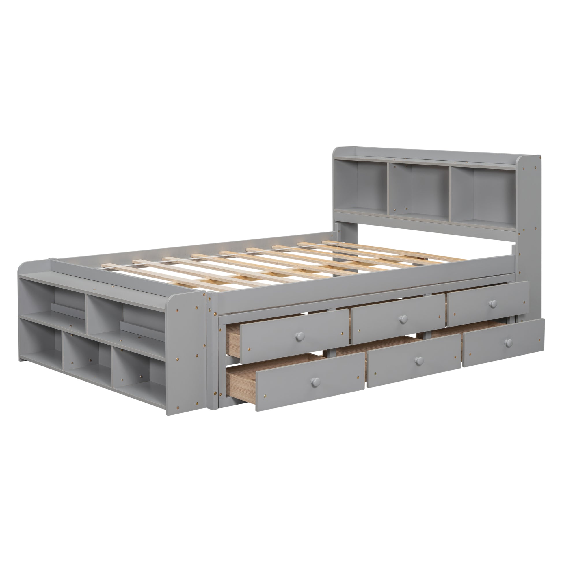 Full Bed With Bookcase Headboard, Under Bed Storage Drawers And Bed End Storage Case,Grey Full Grey American Design Pine