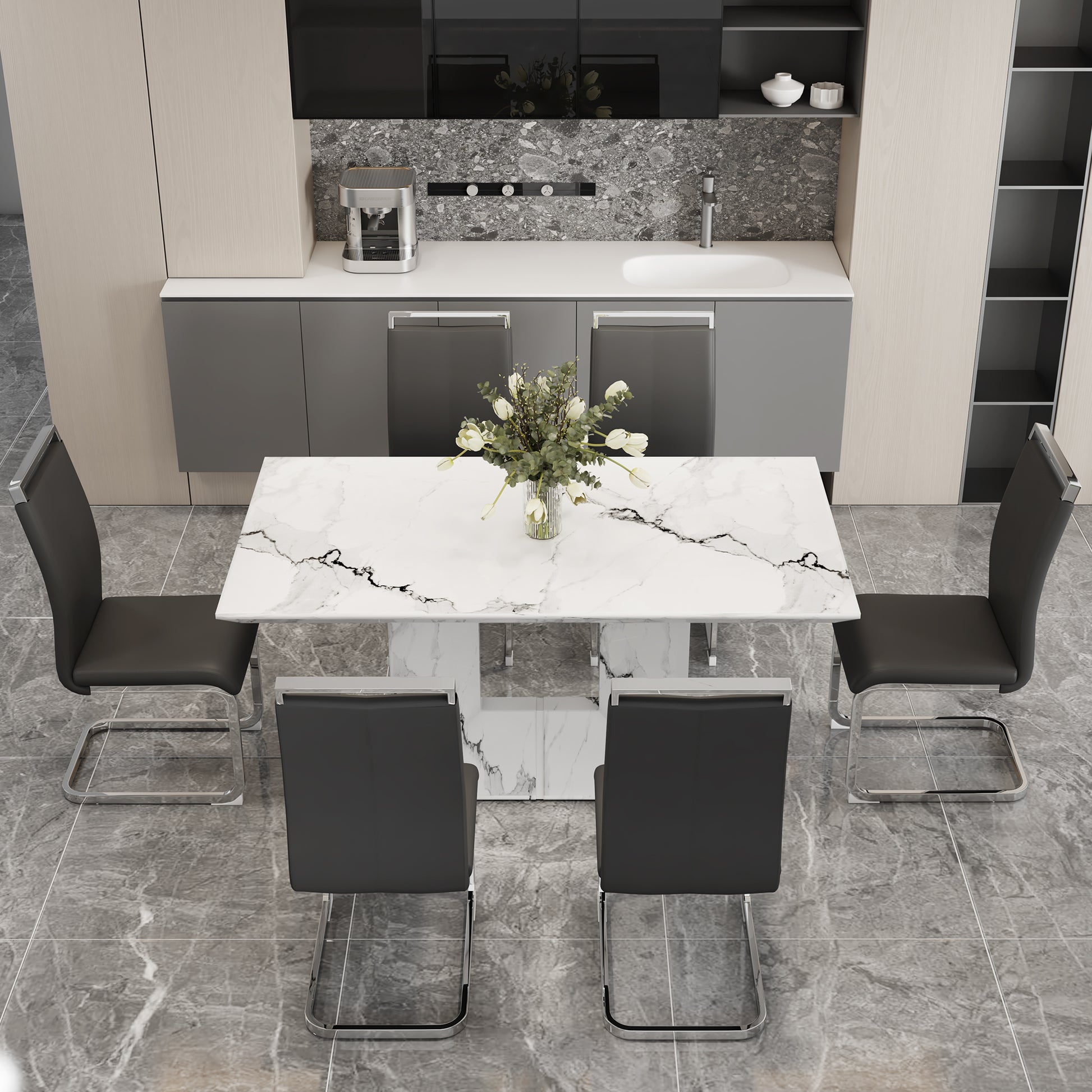 A Simple Dining Table. A Dining Table With A White Marble Pattern. 6 Pu Synthetic Leather High Backrest Cushioned Side Chairs With C Shaped Silver Metal Legs. Dt Sq 16090 Whc 1162 White Mdf