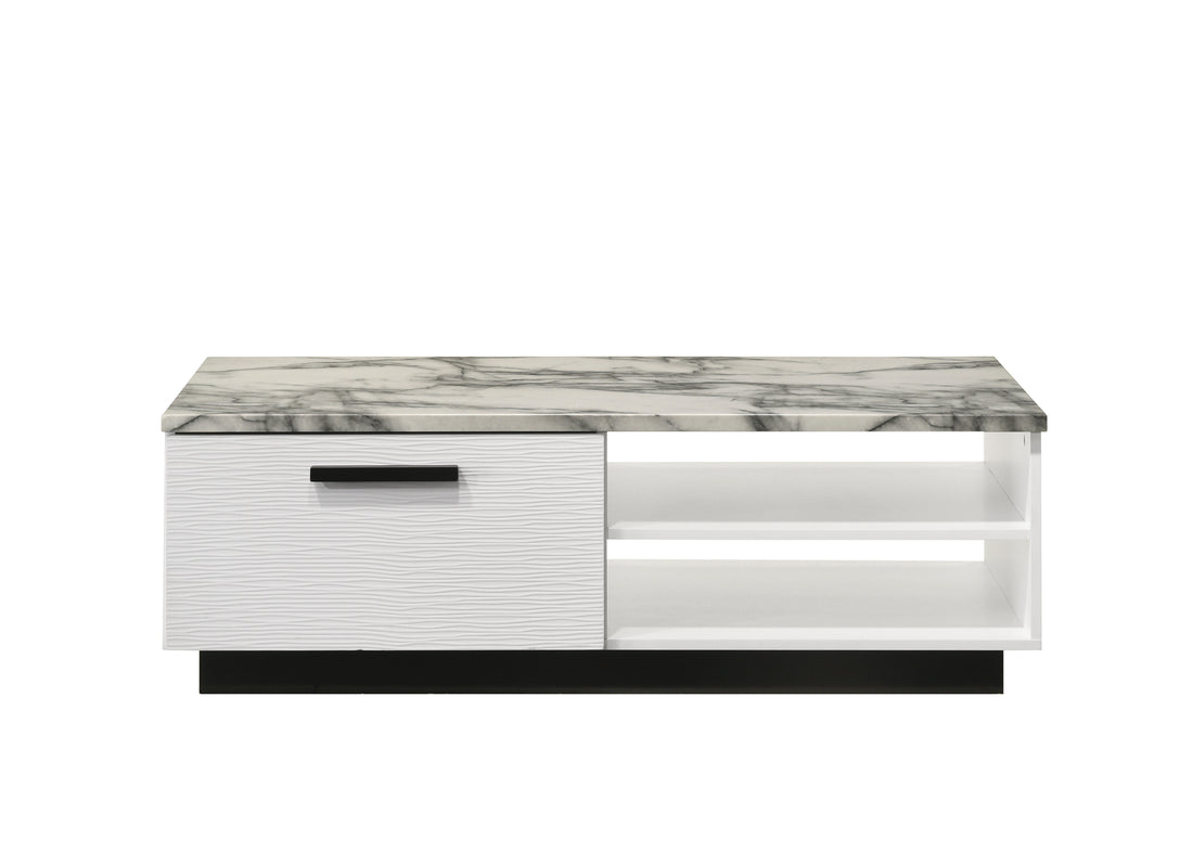 Matilda 47" White Coffee Table With White Faux Marble Top White Mdf