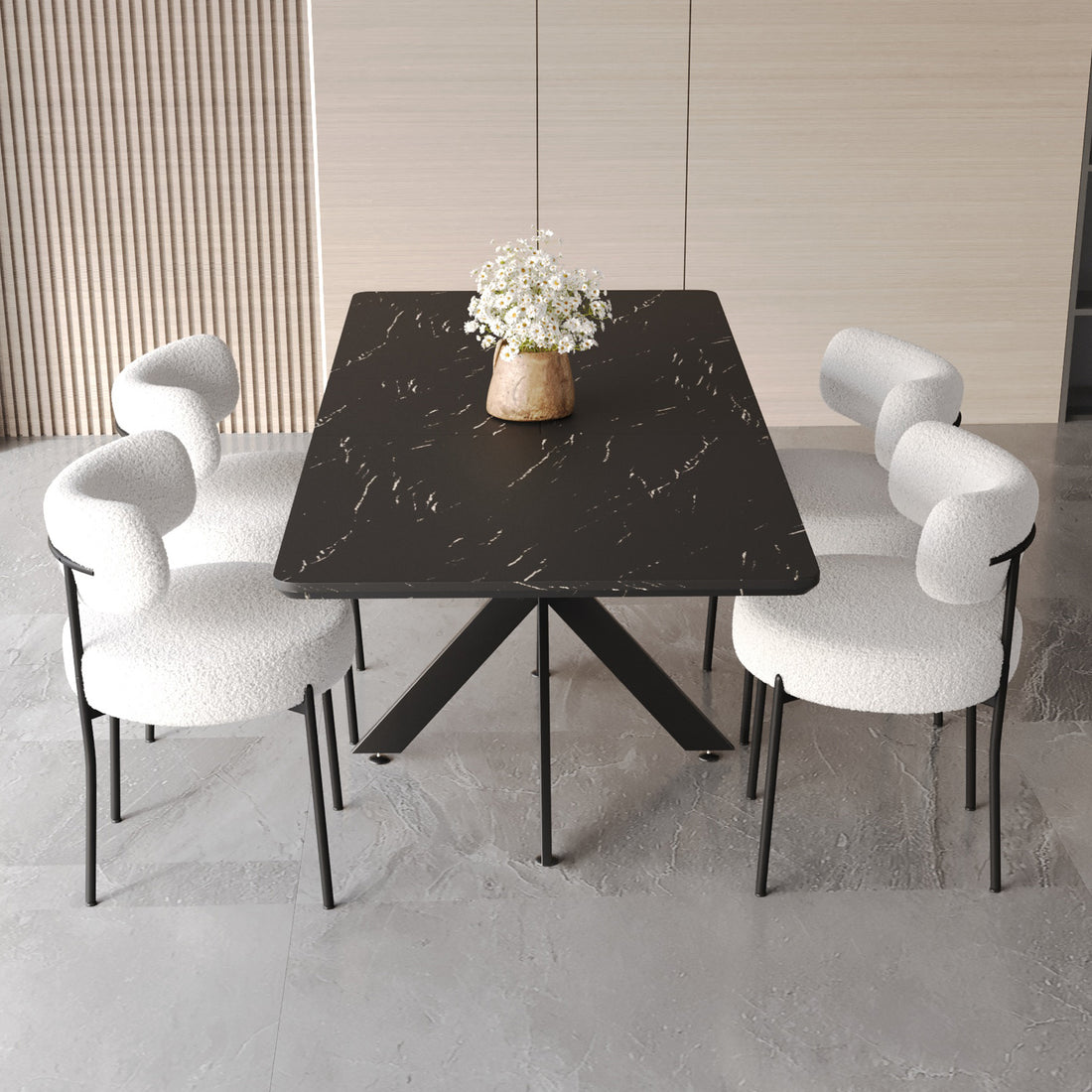 Scalable Dining Table Table Set For 4 8 Person For Dining Room,Curved Backrest Round Upholstered Soft Padded Armless Dining Chairs And Very Large Dining Room Table Kitchen Table Chair Set Black White Mdf Metal
