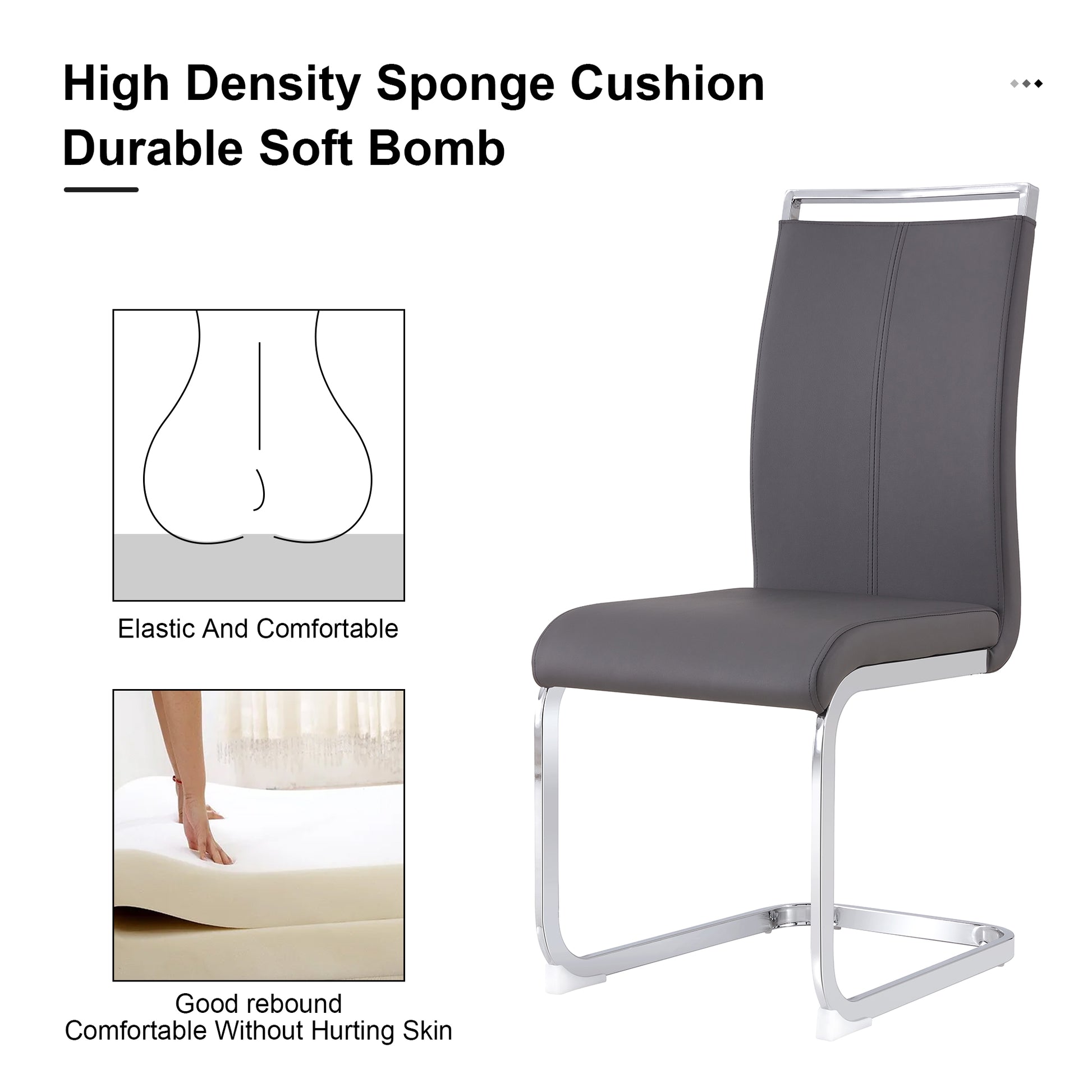 A Simple Dining Table. A Dining Table With A White Marble Pattern. 4 Pu Synthetic Leather High Backrest Cushioned Side Chairs With C Shaped Silver Metal Legs. Dt Sq 16090 Whc 1162 White Mdf