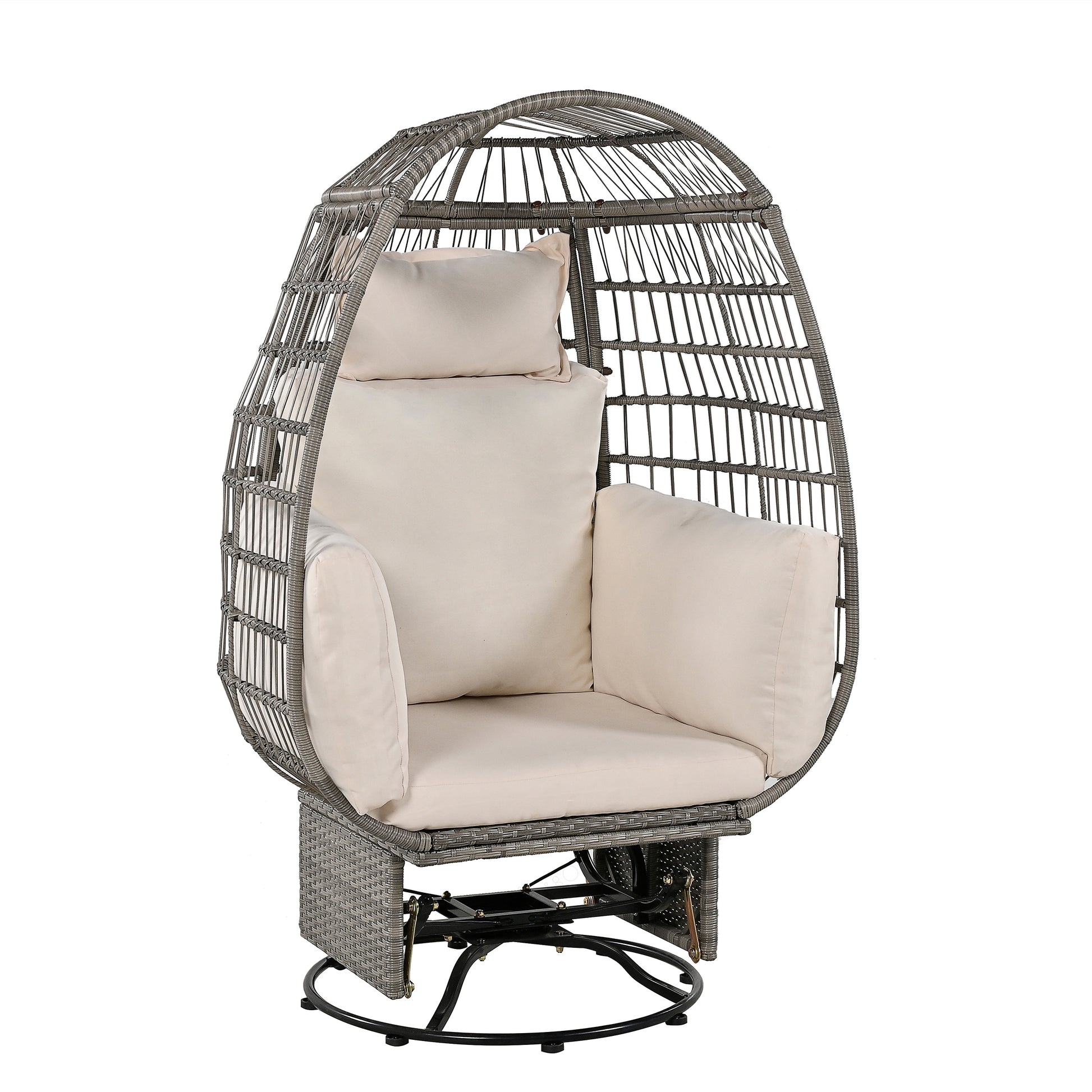 Outdoor Swivel Chair With Cushions, Rattan Egg Patio Chair With Rocking Function For Balcony, Poolside And Garden Grey Wicker Beige Cushion Beige Grey Wicker