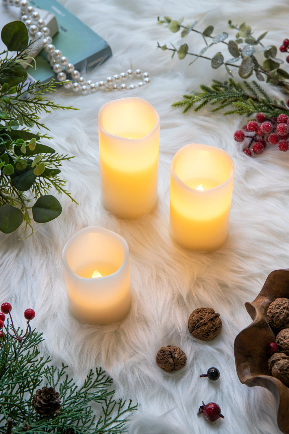 Set Of 3 Ivory Led Candles With Remote Timer, L:D3X6" M:D3X5" S:D3X4" Ivory Classic Plastic