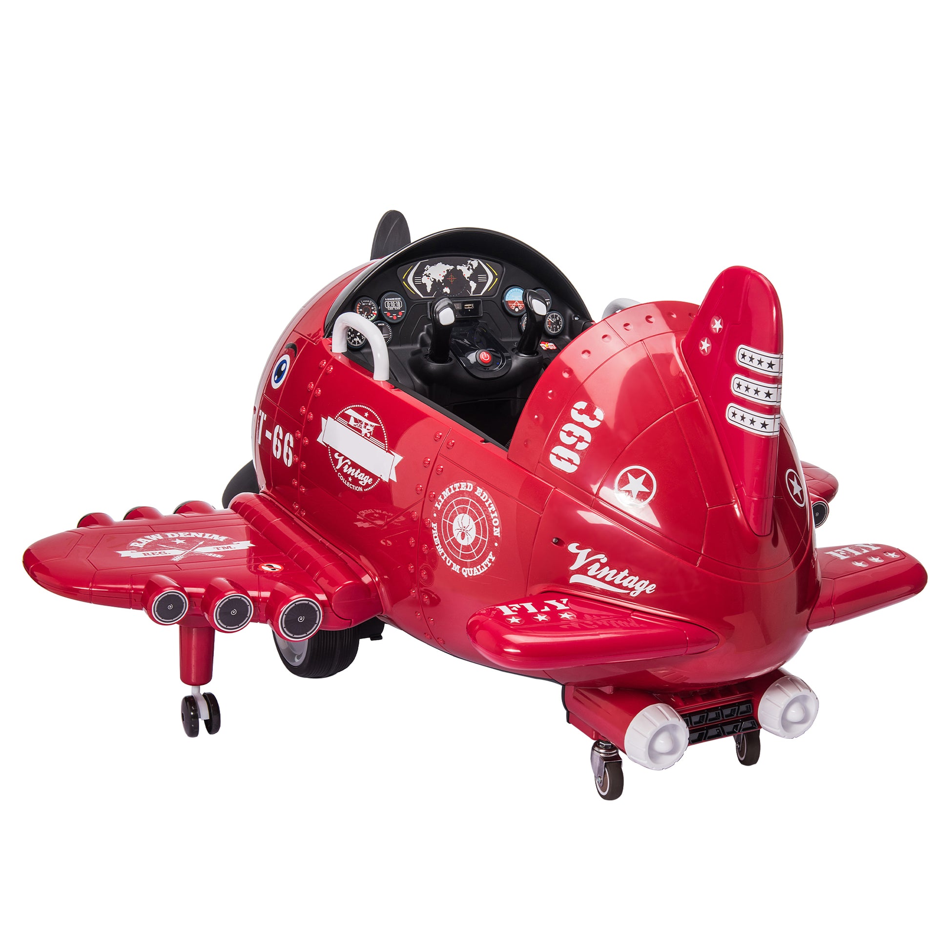 12V Electric Kids Ride On Toy Plane With Usb, Fm, Wind Driven Propeller, 360 Degree Rotating By 2 Joysticks, Remote Control For Kids 3 To 6, Red Red Polypropylene