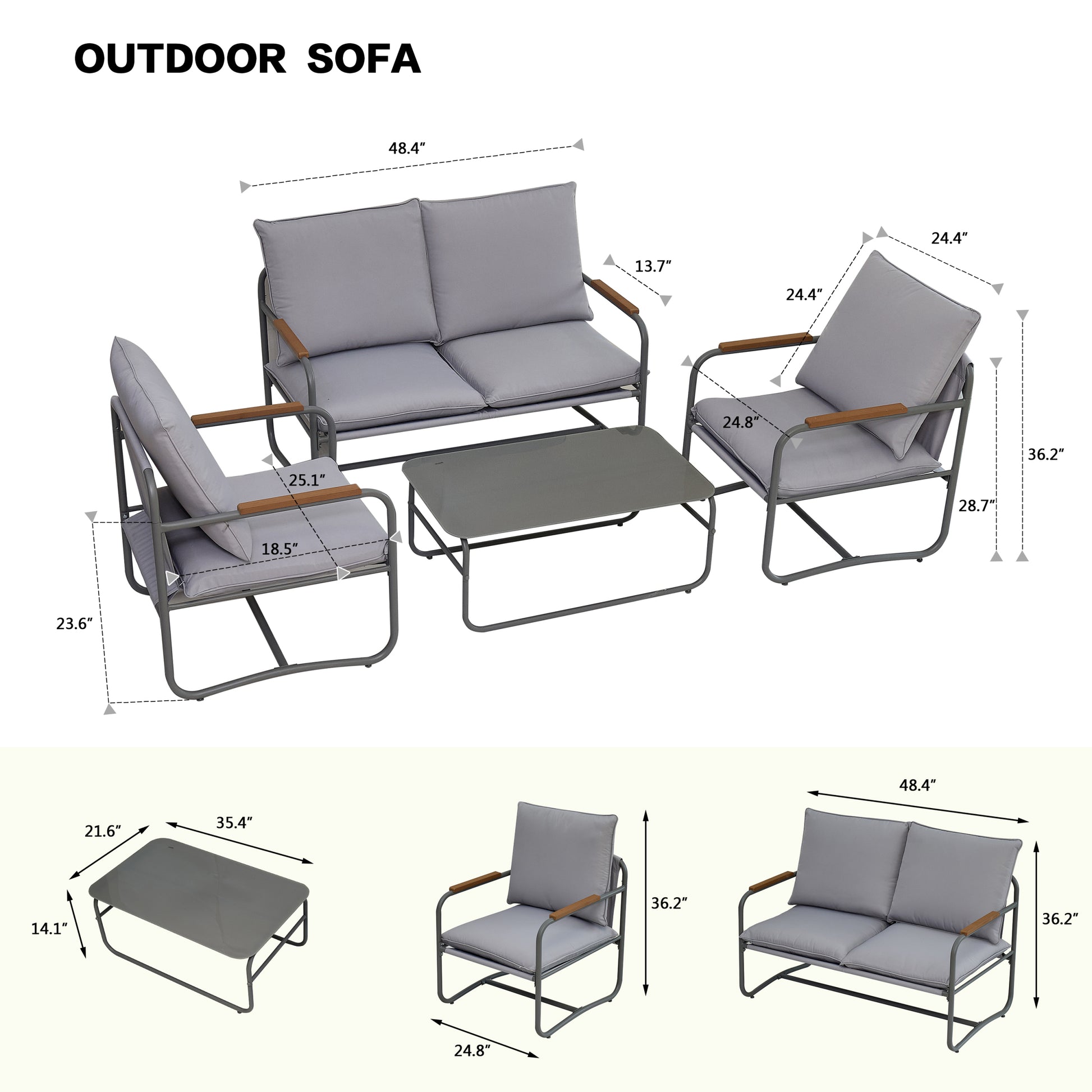 4 Piece Outdoor Patio Furniture Sets, Patio Conversation Set With Removable Seating Cushion, Courtyard Patio Set For Home, Yard, Poolside Gray Aluminum