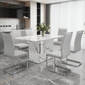 A Simple Dining Table. A Dining Table With A White Marble Pattern. 6 Pu Synthetic Leather High Backrest Cushioned Side Chairs With C Shaped Silver Metal Legs. Dt Sq 16090 Whc 1162 White Mdf