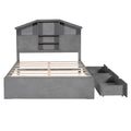 Full Size Wood Platform Bed With House Shaped Storage Headboard And 2 Drawers, Gray Box Spring Not Required Full Gray Wood Bedroom Solid Wood Mdf