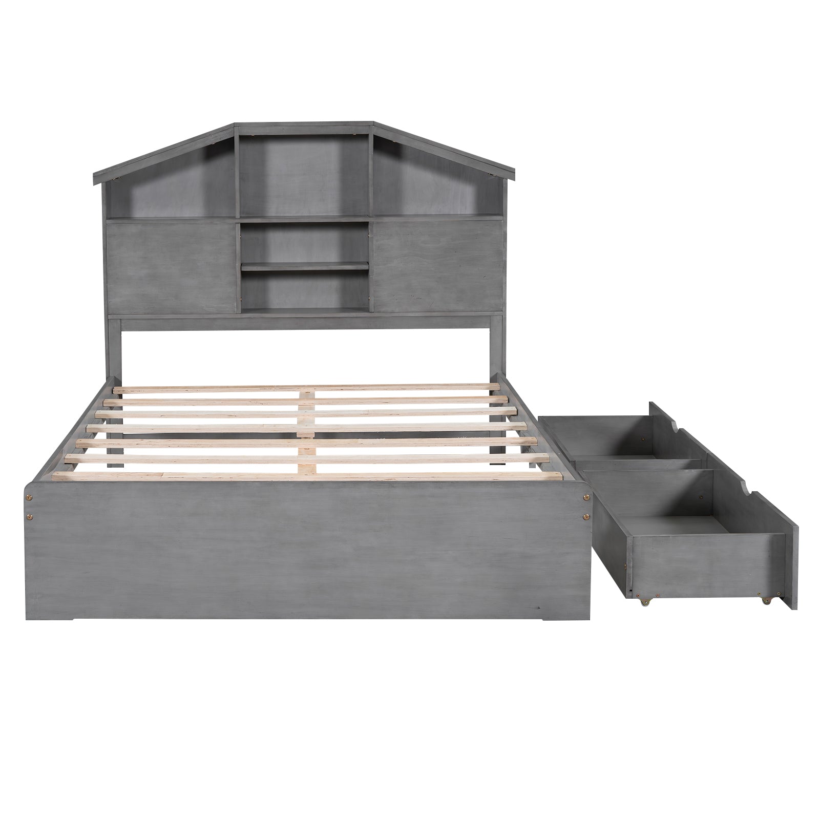 Full Size Wood Platform Bed With House Shaped Storage Headboard And 2 Drawers, Gray Box Spring Not Required Full Gray Wood Bedroom Solid Wood Mdf
