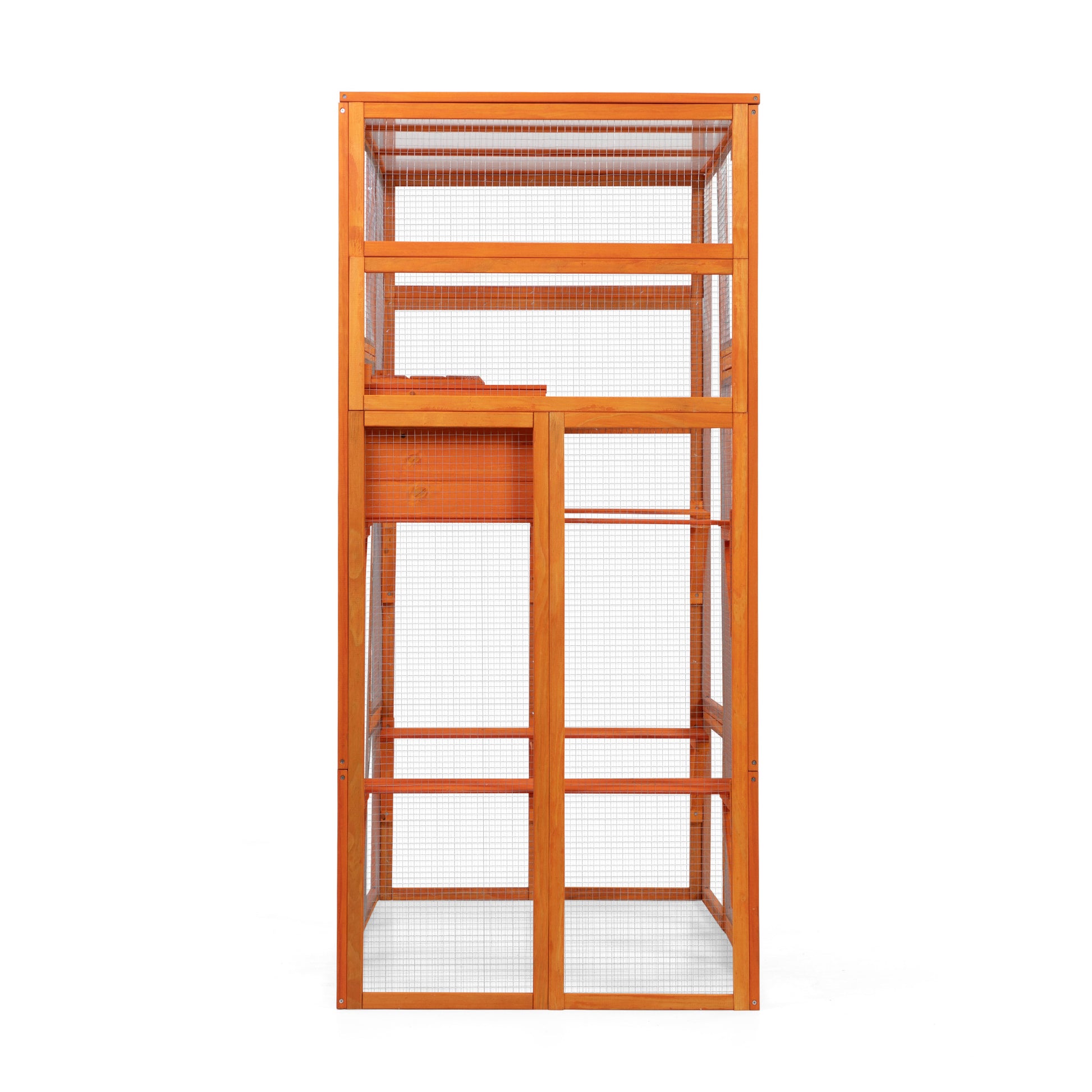 Large Cat Enclosure With 5 Perches, 2 Condos And 1 Lockable Door, Orange Orange Metal & Wood