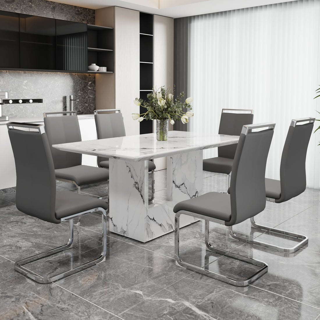 A Simple Dining Table. A Dining Table With A White Marble Pattern. 6 Pu Synthetic Leather High Backrest Cushioned Side Chairs With C Shaped Silver Metal Legs. Dt Sq 16090 Whc 1162 White Mdf