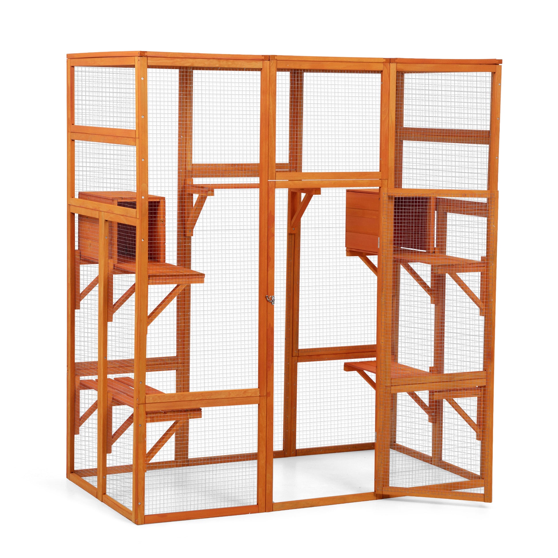 Large Cat Enclosure With 5 Perches, 2 Condos And 1 Lockable Door, Orange Orange Metal & Wood