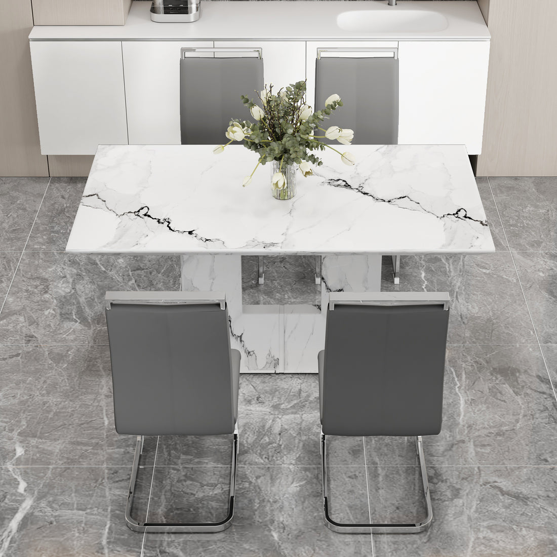 A Simple Dining Table. A Dining Table With A White Marble Pattern. 4 Pu Synthetic Leather High Backrest Cushioned Side Chairs With C Shaped Silver Metal Legs. Dt Sq 16090 Whc 1162 White Mdf