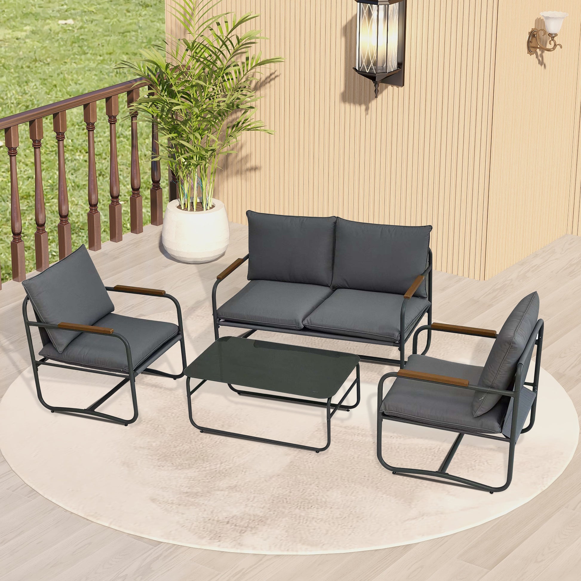 4 Piece Outdoor Patio Furniture Sets, Patio Conversation Set With Removable Seating Cushion, Courtyard Patio Set For Home, Yard, Poolside Grey Gray Aluminum