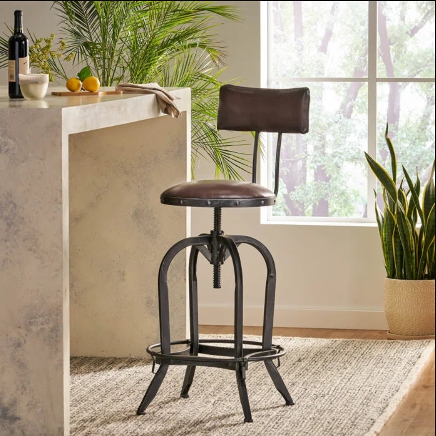 Upholstered Adjustable Height Swivel Barstool Brown Pu