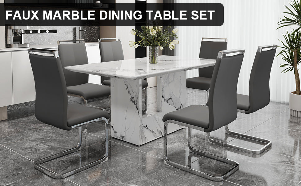 A Simple Dining Table. A Dining Table With A White Marble Pattern. 6 Pu Synthetic Leather High Backrest Cushioned Side Chairs With C Shaped Silver Metal Legs. Dt Sq 16090 Whc 1162 White Mdf