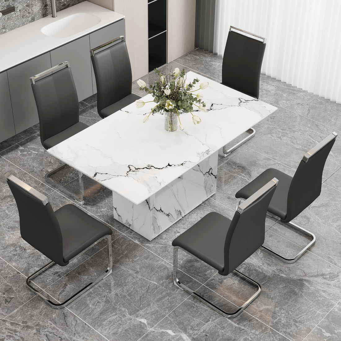 A Simple Dining Table. A Dining Table With A White Marble Pattern. 6 Pu Synthetic Leather High Backrest Cushioned Side Chairs With C Shaped Silver Metal Legs. Dt Sq 16090 Whc 1162 White Mdf