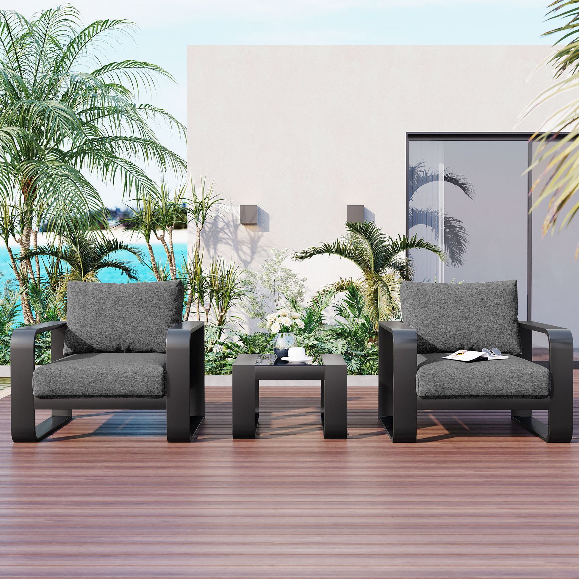 3 Pieces Aluminum Frame Patio Furniture With 6.7" Thick Cushion And Coffee Table, All Weather Use Olefin Fabric Outdoor Chair, Gray And Black Yes Deep Seating Black Gray Weather Resistant Frame Garden & Outdoor Contemporary,Luxury,Modern,Vintage 2 Person